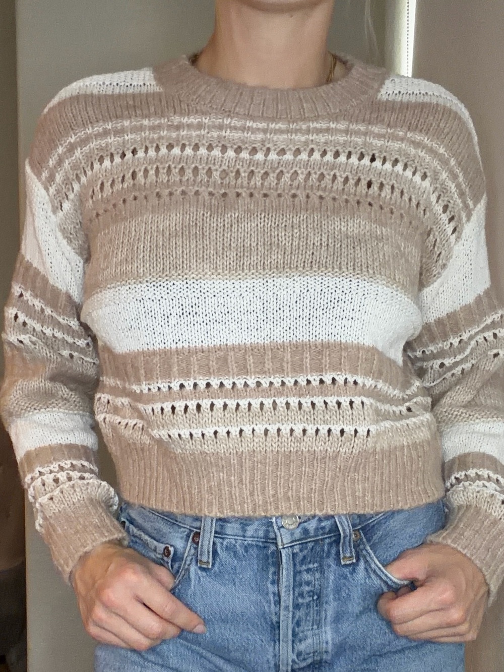 Lush Textured Knit Sweater - Cream and Tan